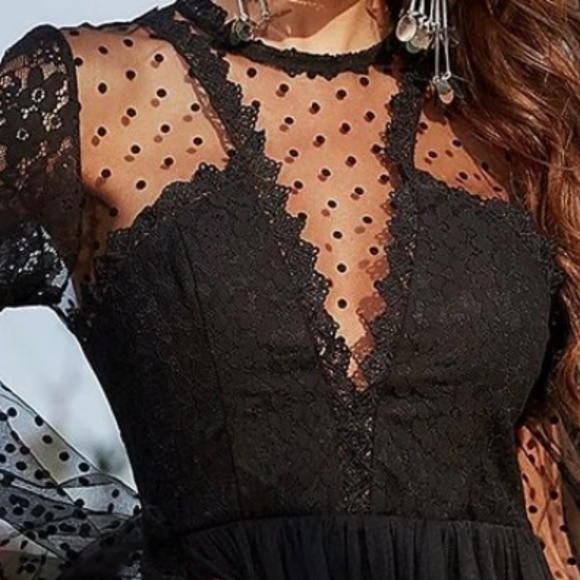 Luxe Black Polka Dot Lace Layered Party Evening Dress - Picture 4 of 6